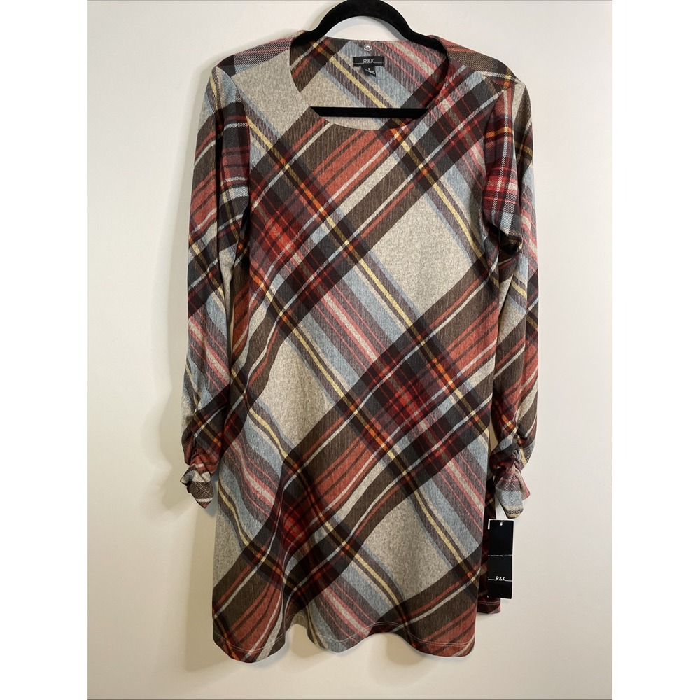 R&K‎ Size 8 Plaid Tunic Dress Long Sleeve Stretch Knit Shift